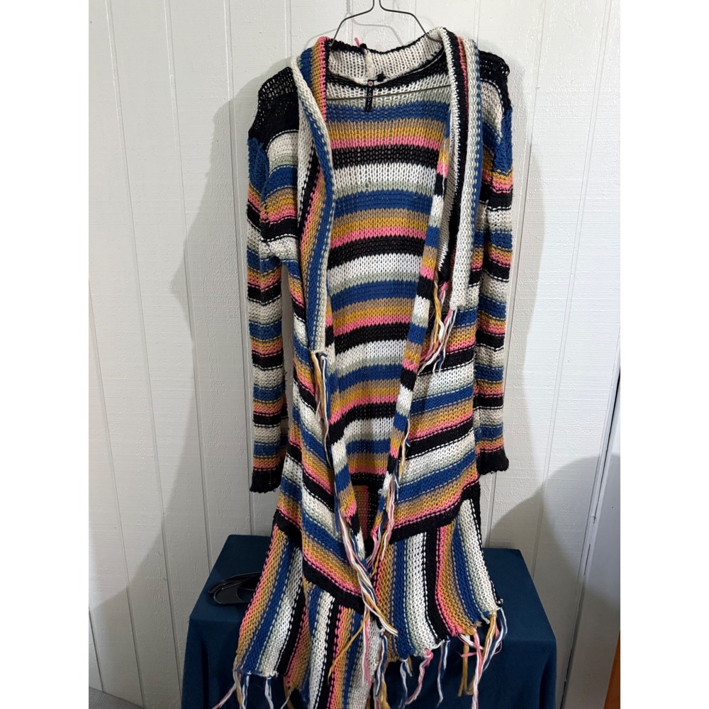 Poof! Womens Multi Color Striped Longline Open Front Fringe Duster Cardigan S